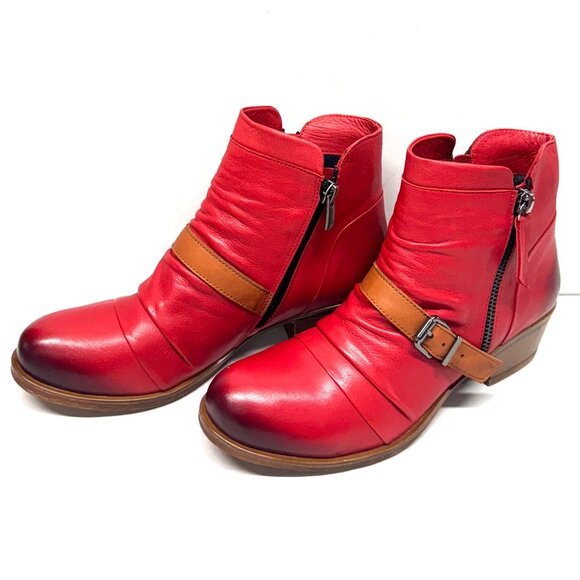 MIZ MOOZ SOFT RUCHED LEATHER BOOTIE SIDE ZIP BUCKLE RED 37EU / 7US # Z-130 - Picture 5 of 5